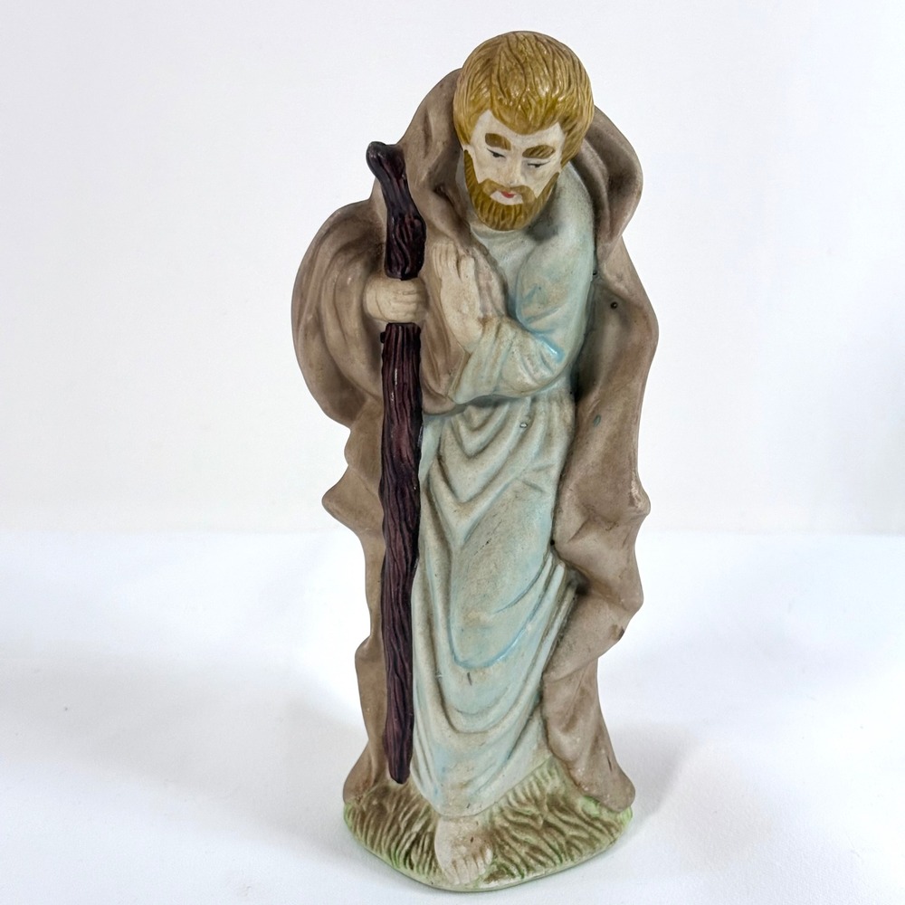 Saint Joseph Nativity Figurine Brown Blue Ceramic Standing with Staff